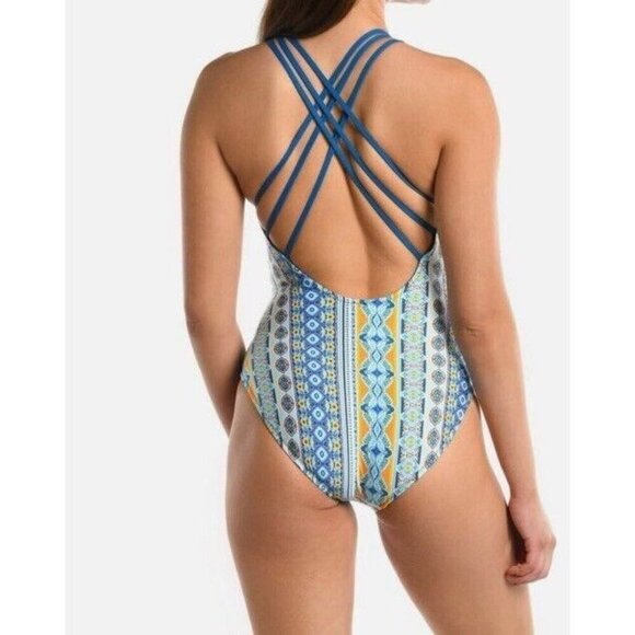 La Blanca Sz 4 Swimsuit Reversible One Piece Blue Mosaic UPF 50+ Boho Retro - Picture 2 of 9